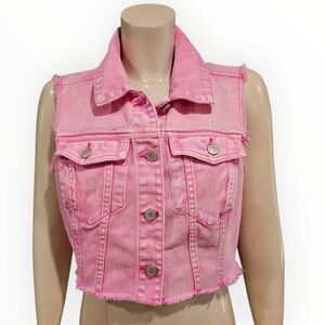 AVEC LES FILLES Pink Acid Wash Denim Crop Frayed Hem Sleeveless Vest Jacket M/L